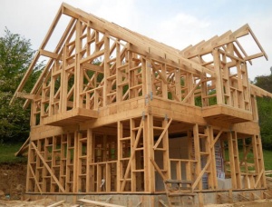 Wooden carcass house, roof trusses