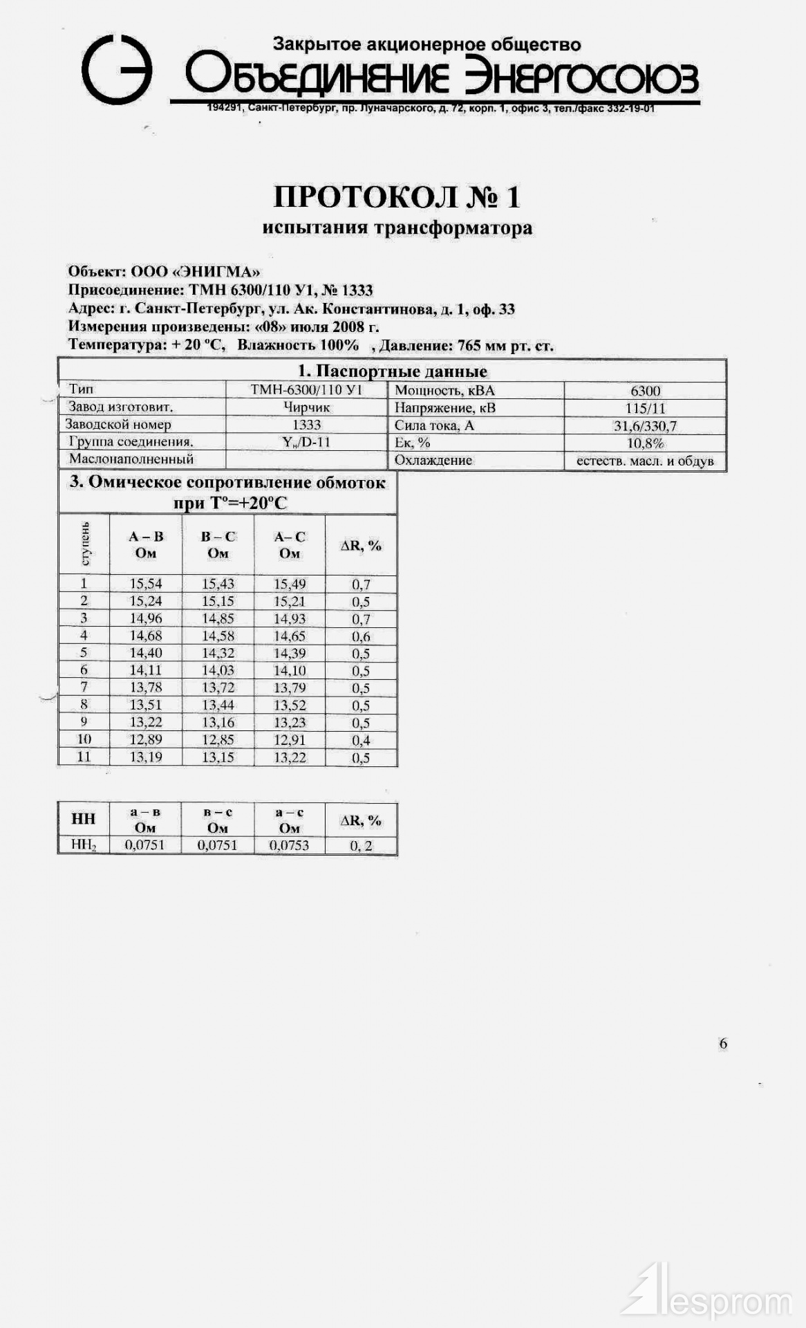 Протокол испытания силового трансформатора образец